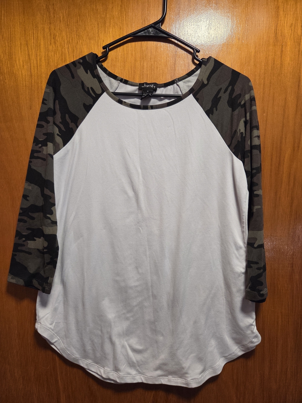Justify White Raglan Top with Olive Camo Sleeves